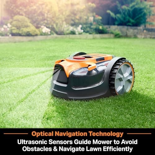 LawnMaster OcuMow™ VBRM601YCM MAX Perimeter Wire Free Robot Lawn Mower Cuts Small Lawns 2000-3500 Square Feet with Optical Navigation, Obstacle Avoidance, Low Noise and No Go Function