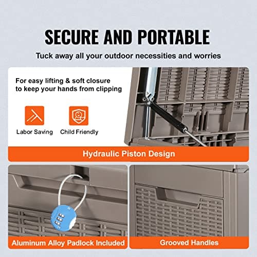 VEVOR Deck Box, 100 Gallon Outdoor Storage Box, 48.0" x 21.5" x 24.5", Waterproof PP Deckbox with Aluminum Alloy Padlock, for Patio Furniture, Garden Tools, Outdoor Cushions, Gray