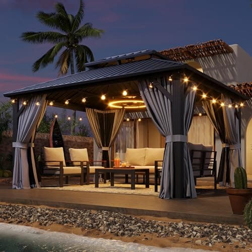 Aoxun Hardtop Gazebo 10x12, Aluminum Frame Canopy with Double Galvanized Steel Roof, Outdoor Gazebo with Breathable Netting and Privacy Curtain for Backyard