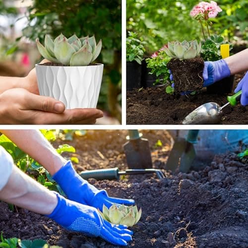 12 Pack 4 Inch Small Plant Pots with Saucers, 3D Textured Plastic Planters with Drainage Holes for Indoor and Outdoor Plants, Flowers, Herbs, Succulents, and Seedlings, White