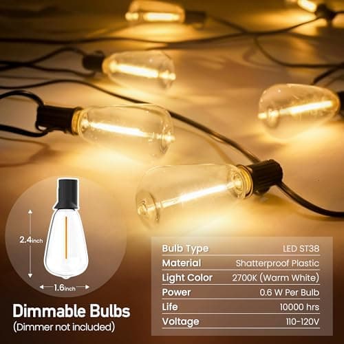 Outdoor String Lights 100 FT 52 Shatterproof LED Bulbs, UL Certified Patio Lights Outdoor Light Strings Waterproof for Patio Yard Outside Party Wedding, Connectable Dimmable 50 Sockets 2700K