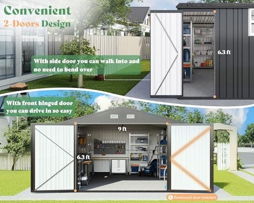 AMERLIFE 13.2x21x8 FT Outdoor Storage Shed, Huge Metal Garage Shed with 2 Double Hinged 4 Windows and Doors, Carport for Car, Truck, Bike, Garbage Can and Lawnmower, Dark Grey
