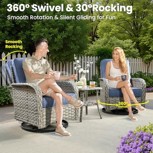 ovios 9 Pieces Patio Furniture Set Outdoor Sectional Sofa Couch with Fire Pit Table Swivel Rocking Chairs Comfy Cushions, Modern Modular Wicker Rattan Conversation Sets, Denim Blue