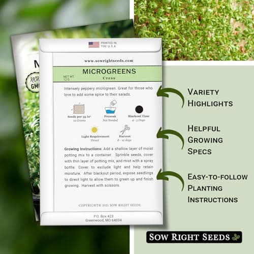 Sow Right Seeds - Cress Microgreen Seed for Growing - Instructions to Quickly Grow Delicious and Healthy Microgreens - Plant Indoors with no Special Equipment - Super Easy Superfood Sprouts