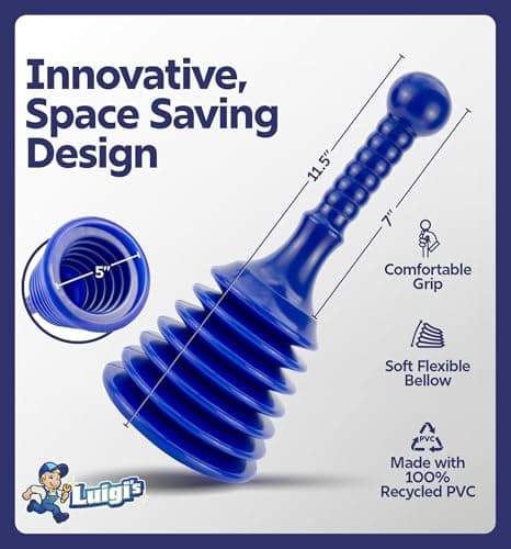Luigi's Sink and Drain Plunger for Bathrooms, Kitchens, Sinks, Baths and Showers. Small and Powerful, Commercial Style 'Plumbers Plunger' with Large Bellows