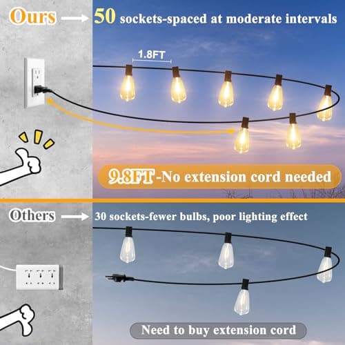 Brightever LED Outdoor String Lights 100FT Patio Lights with 52 Shatterproof ST38 Vintage Edison Bulbs, Outside Hanging Light Waterproof for Porch, Deck, Garden, Backyard, Balcony, Dimmable 2700K