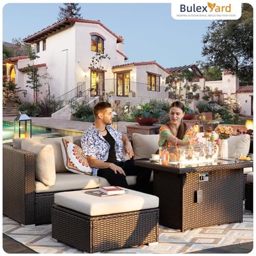 BULEXYARD 9 Piece Highback Patio Furniture Set with Fire Pit Table, Modern Modular Outdoor Sectional Couch Sofa with Ottoman, 8-Seater Backyard Seating for Exterior, Deck, Brown Wicker & Beige Cushion