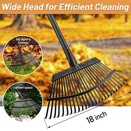 Garden Rake - Large Leaves Rakes for Gardening - 25 Metal Tines 18" Wide - 78" Long Handle Leaf Rakes for Lawns Heavy Duty for Yard Lawn Shrub Garden Beds