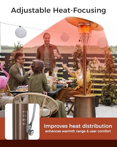 50,000 BTU Patio Heater for Outdoor Use With Adjustable Heat Focusing Top, Propane Patio Heater with Wheels, Stainless Steel Burner for Porch Garden Commercial Residential, Dark Brown