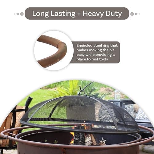 Sunnydaze Cosmic 42-Inch Large Outdoor Fire Pit - Wood-Burning Fire Pit with Round Spark Screen, Poker, and Built-in Grate