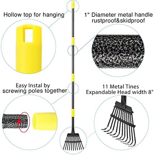 Oliynedy Leaf Rake for Gardening, Adjustable Metal Garden Rake for Leaves Long Handle 30-60", 11 Tines 9" wide Small Lawn Collapsible Yard Adult Kids Rake for Camping Flower Beds Mulch Shrub