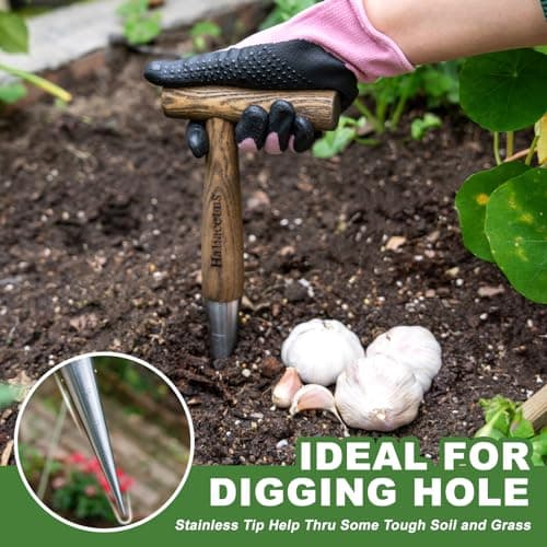 Hand Dibber with 5 inches Measuring Scale, Easy to Grip L-Shaped Wood Handle Dibbler, Seeding Widger, Stainless Steel Garden Planting Trowel for Repotting, Long and Narrow Widger for Planting, Weeding