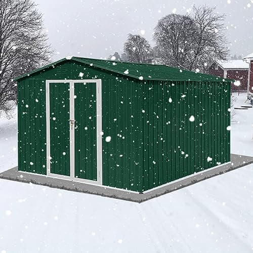 10x8 FT Metal Garden Sheds with Hinged Door and Padlock & Punched Vents,Aluminum Outdoor Storage Shed w/Eco-Friendly Painting,for Bike, Barbeque,Tool,Green+White
