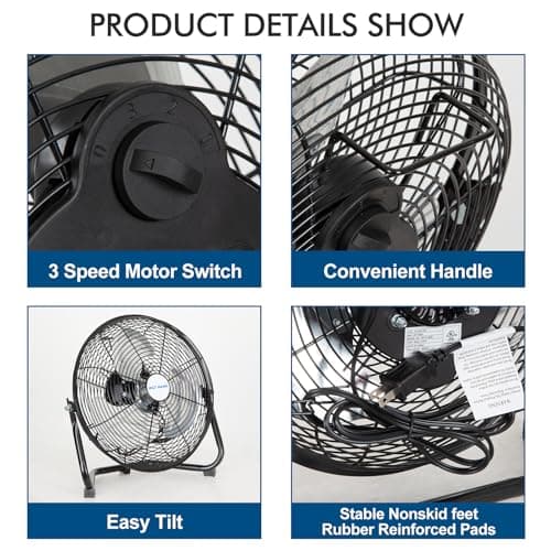 BILT HARD 12" 3-Speed High Velocity Heavy Duty Metal Floor Fan, 1680 CFM, 180-Degree Tilt, Powerful Airflow Fan for Home, Bedroom, Residential Use