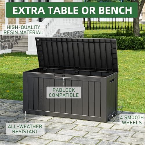 NUNU LAB 74 Gallon Outdoor Storage Box,Large Resin Sturdy Deck Box, Backyard Outside Storage Box Waterproof with Double Wall Panels,Package Delivery Garden Hose Storage Bin Outdoor Tool