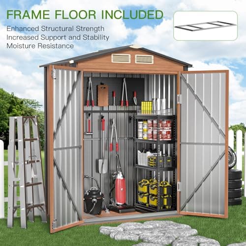 Outdoor Storage Shed, 5x3 Ft Metal Steel Tiny House with Frame Floor & Lockable Door, Vertical Outside Storage Building for Garden, Backyard, Lawn, Patio Utility, Tool Storage