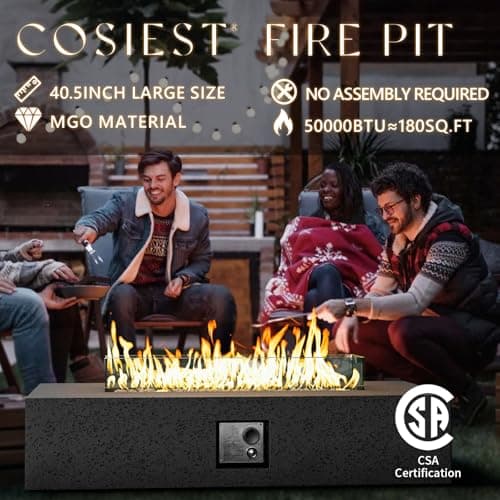 COSIEST 56 x 28 inch Outdoor Propane Fire Pit Coffee Table w Concrete Rectangle Base, CSA Certified, 50,000 BTU, Free Lava Rocks and RainCover, Fits 20lb Tank Outside, Wind Guard, Tank Cover, Gray