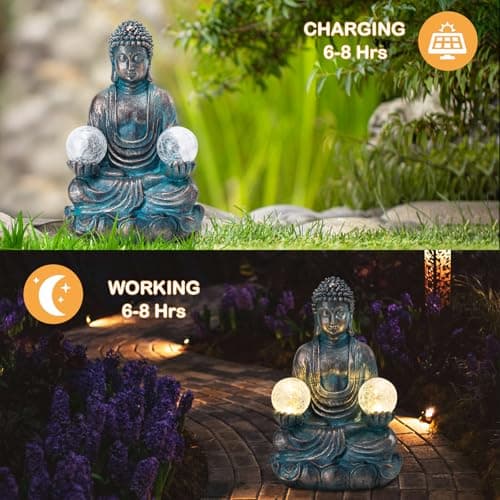 Afirst Meditating Buddha Garden Statues Solar Buddha Sculpture Decor with Glass Balls Zen Meditation for Home Garden Yard Patio Indoor Outdoor Ornaments
