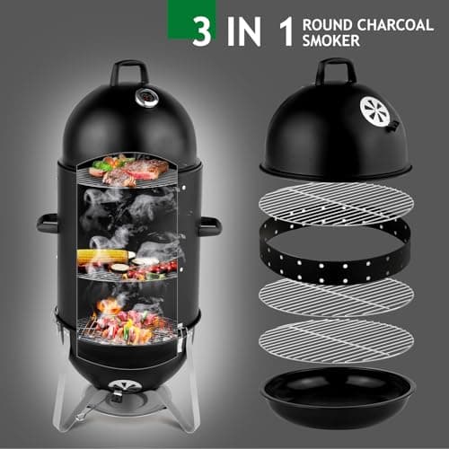 Outvita Vertical 18.8 Inch Steel Charcoal Smoker, Heavy Duty 3-in-1 Portable Outdoor Grill Cooker with Built-in Thermometer for Outdoor Backyard Cooking Grilling Camping