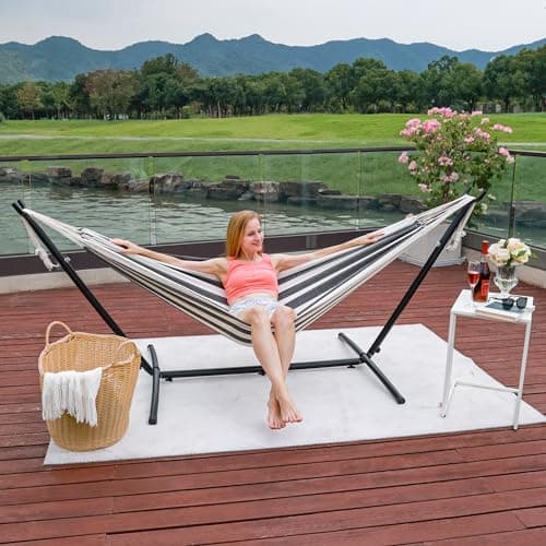 Hammock with Stand for Outside, Heavy Duty Space Saving Steel Stand with 450 lb Capacity,Double Hammock with Portable Carrying Bag, Hamacas para Adultos for Outdoors, Patio, Garden, Yard