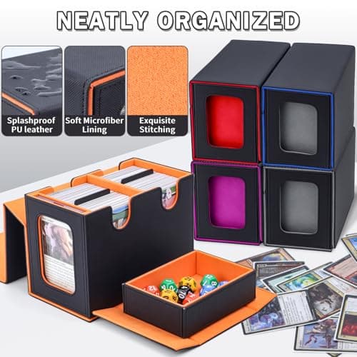 Commander Deck Box for MTG, Card Deck Box with Dice Tray and Display Window, Fits 200+ Double-Sleeved Cards, Magnetic Leather Trading Card Storage Case for Magic Game Cards (Black & Orange)