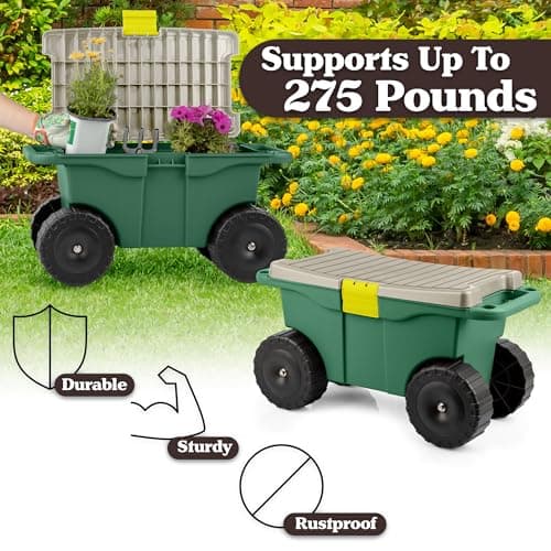 Rolling Garden Cart with Seat - Plastic Storage with Bench and Interior Tool Tray - Gardening Stool for Weeding and Planting By Pure Garden (Green)