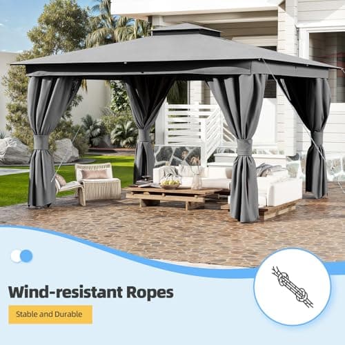 YOLENY Outdoor 10'x13' Grey Patio Gazebo, Metal Frame Canopy with Double Roofs, Heavy Duty Pavilion with Curtains and Nettings for Deck, Lawn and Backyard