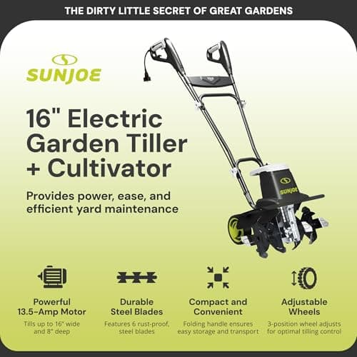 Sun Joe Electric Garden Tiller and Cultivator, Steel Tines, 13.5 Amp, 16 Inch, Black - Heavy Duty Gardening Machine and Equipment for Lawn, Yard, and Grass