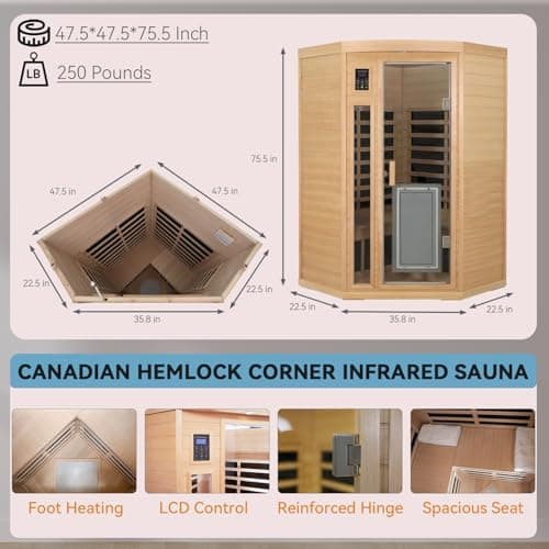 2-3 Person Corner Sauna, Infrared Saunas for Home, Chromotherapy, Canadian Hemlock Sauna, Indoor Sauna with Red Light Therapy