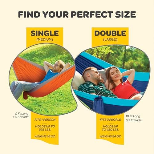 Durable Hammock 400 lb Capacity, Nylon Camping Hammock Chair - Double or Single Sizes w/Tree Straps and Attached Carry Bag - for Travel/Backpacking/Beach/Backyard (Medium, Black & Light Grey)