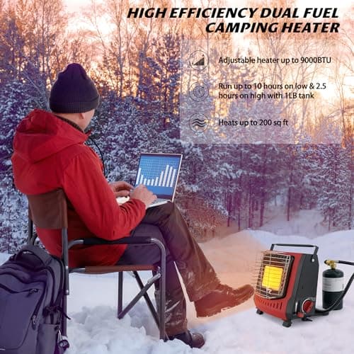 Dual Fuel Portable Outdoor Heater with self ignition, Fuel by Butane/Propane, 9000BTU, Tip-over|Low-Oxygen Safety Shutoff, Portable Camping Heater for Tents, Patio,Camping,Hiking,RV,Hunting