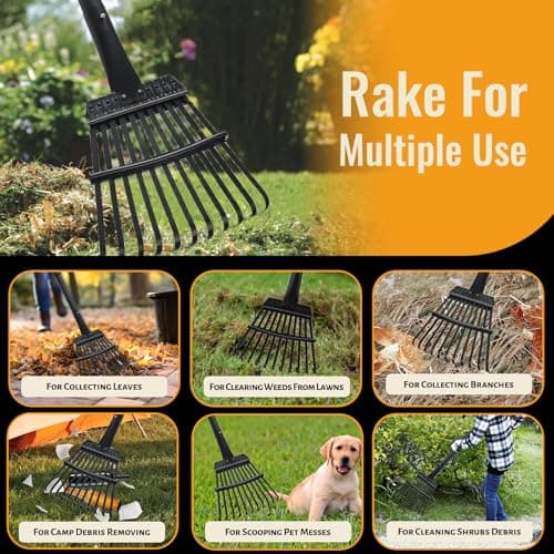 Small Garden Rake for Leaves,11 Tines Heavy Duty Metal Yard Hand Rake with 63in Long Adjustable Handle, Ideal Leaf Scoops Garden Tool for Gathering Leaves, Shrub,Poop, Leveling Grass,Flower Beds,Yards