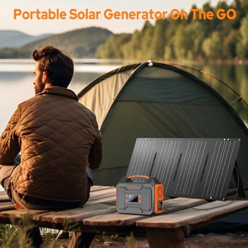 Portable Solar Power Station with Foldable 60W Solar Panel with Power Bank Bag, 110V 300W Generator Power Pack with AC Outlet for Camping Power Outage RV Outdoor Life