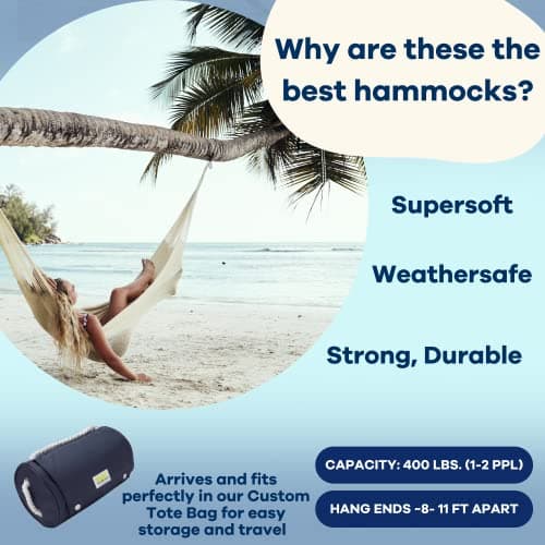 Handwoven Hammock by Yellow Leaf Hammocks - Double Size, Fits 1-2 PPL, 400lb max - Weathersafe, Super Strong, Easy to Hang, Ultra Soft, Artisan Made - Color: Natural Khaki