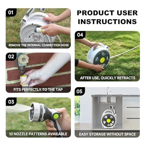 Retractable Garden Hose Reel, 65FT Heavy Duty Hose With 10 Spray Patterns - Leakproof, Durable & Compact Design for Garden Watering, Car Washing, Pet