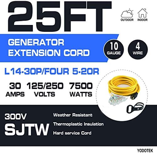 25 Feet Heavy Duty Generator Adaptor Extension Cord,Locking Cord,NEMA L14-30P/Four 5-20R, 4 Prong 10 Gauge Flexible Generator Cable,Generator Power Cord, 125/250V 30Amp 7500 Watts Yodotek