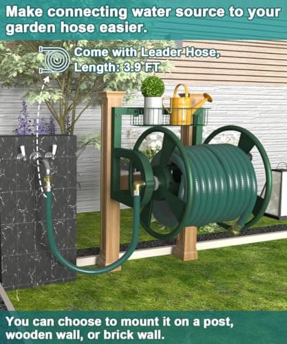 Garden Wall Mounted Hose Reel, Outdoor Heavy-Duty Water Hose Holder Winder, Holds 125 Feet of 5/8-Inch Hose, with 3.9 ft Leader Hose, Brass Fitting and Storage Basket for Yard, Green