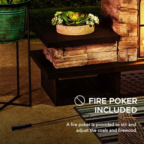Sunjoy Outdoor Fireplace, Patio Wood Burning Fireplace with Steel Chimney, Mesh Spark Screen Doors, Fire Poker, and Removable Grate, Black