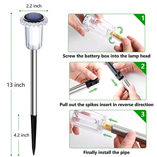 Solar Pathway Lights 10 Pack Solar Outdoor Lights, Led Waterproof Yard Walkway Lighting Stainless Steel Garden Stake for Outside, Path, Landscape, Lawn, Driveway, Backyard(Cold White)