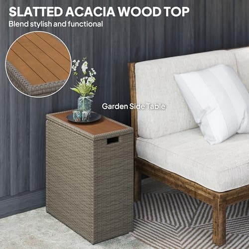 Outsunny 17 Gallon Wicker Small Deck Box, PE Rattan Outdoor Storage Box with Slatted Acacia Wood Flip Top for Indoor, Patio Furniture Cushions, Pool Supplies, Garden Tools, UV Resistant, Teak