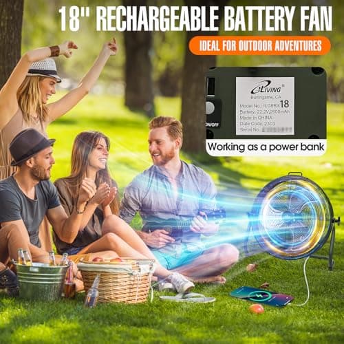 iLiving 18" Rechargeable Battery Operated Camping Floor Fan, High Velocity Portable Outdoor Fan with Metal Blade, With Built-in Lithium Battery for Whole Day Usage, 18 Inches, Military Green