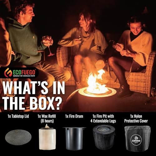 El Fuego Portable Wax Burning Fire Pit - Easy Start, Clean-Burning, No Wood Smoke with 8-Hour Starter Wax Fuel for Interval Burning - Ideal for Patios, Camping and Outdoor Use - Wood Pattern, Brown