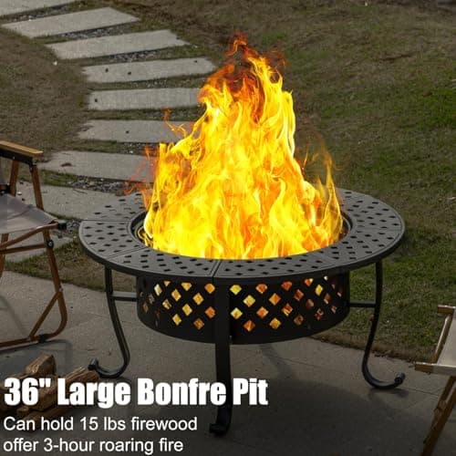 36 Inch Fire Pit with 2 BBQ Grills, Wood Burning Fire Pits for Outside with Lid & Fire Poker, BBQ& Outdoor Firepit & Round Metal Table 3 in 1 for Patio, Picnic, Party