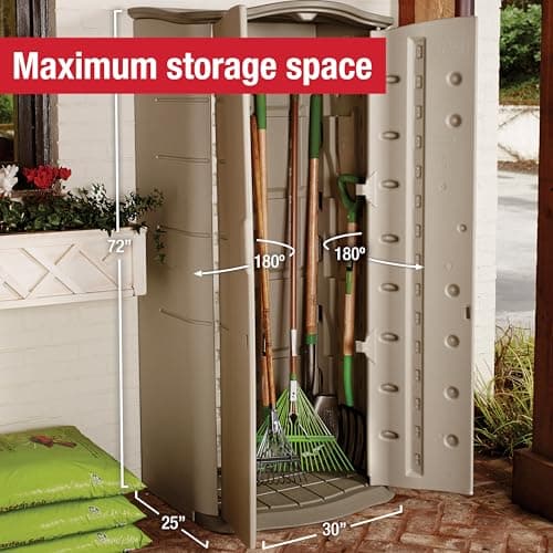 Rubbermaid Compact Vertical Resin Storage Shed With Floor (2 x 2.5 Ft), Weather Resistant, Beige/Brown, Organization for Home/Backyard/Garden Tools/Porch/Patio Cushions/Pool Chemicals/Toys