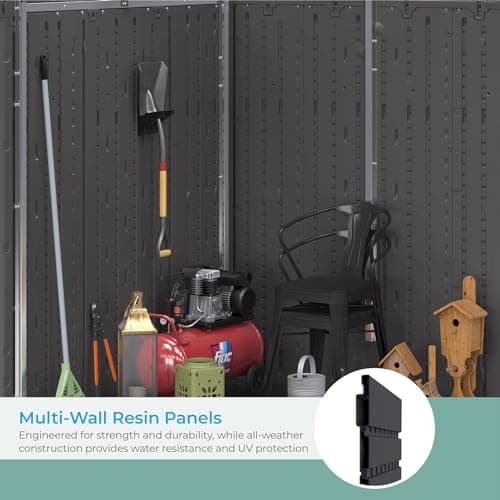 Suncast 6' x 5' Modernist Storage Shed for Yard Storage, All-Weather Outdoor Storage Shed with 2 Lockable Doors and Windows, Peppercorn, Made in The USA