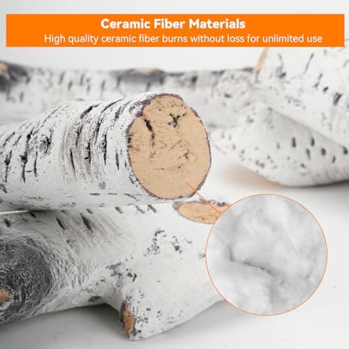 Skyflame 6 Piece Set of Gas Fireplace Logs, Large White Birch Ceramic Logs for All Types of Indoor/Outdoor Gas Inserts, Ventless, Fireplaces and Fire Pits