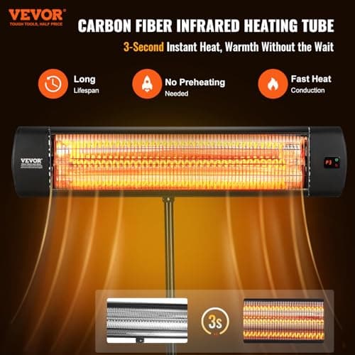 VEVOR Infrared Heater, 1500W Remote Control Electric Space Heater, LED Screen Patio Heater w/ 3 Speeds & Timer, Outdoor/Outdoor for Porch,Dining Room,Studio, with Stand & Mount to Ceiling/Wall,34in L