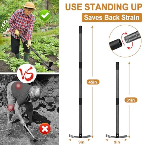 Garden Hoe Tool, 2-in-1 Heavy Duty Dual-Head Weeding Tool, 45" Adjustable Long Handle Cultivator for Weeding, Tilling, Lawn Yard Flower Bed Gardening Tool