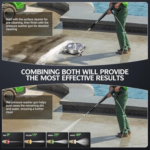 14" Pressure Washer Surface Cleaner 4500 PSI with 304 Industrial-Grade Stainless Steel Housing,1/4” Quick Plug, 4 Universal Wheels, 2 x 15 Extended Wands, 2 Replacement Nozzles, 4 Spray Nozzle Tips