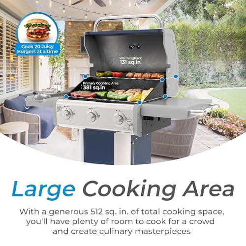 Kenmore 3-Burner Propane BBQ Grill, 30,000 BTUs Gas Grill with Cast Iron Cooking Grates, Folding Side Tables & Wheels, Outdoor Grill with Tool Hooks, Azure Blue